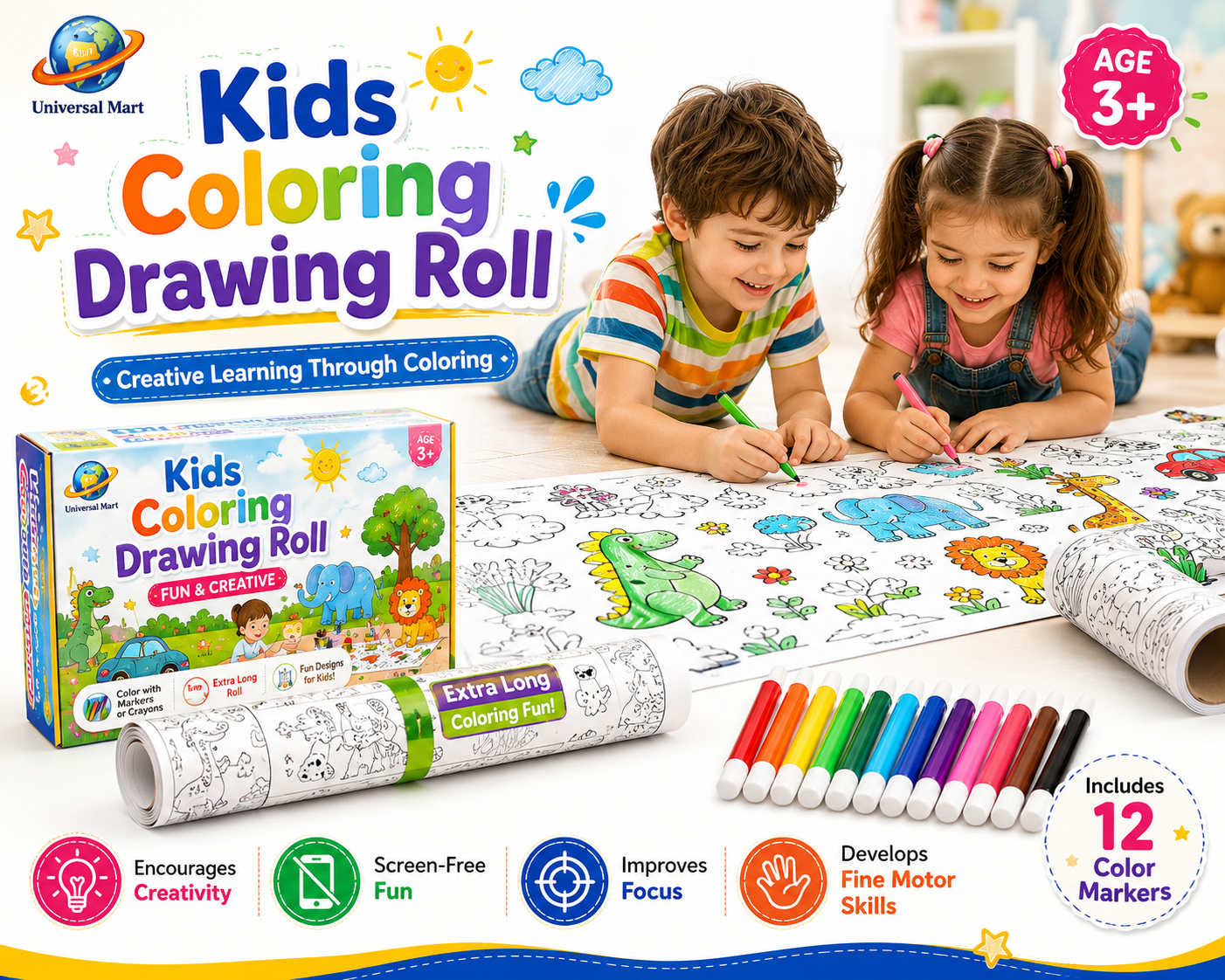 Kids Coloring Drawing Roll with Color Markers | Educational Activity