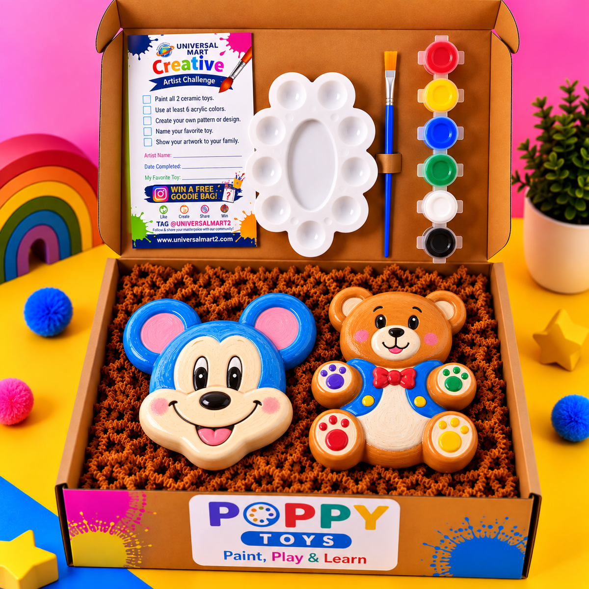 Poppy Toys Bear & Mickey Mouse Ceramic Painting Kit for Kids – DIY Art & Craft Set