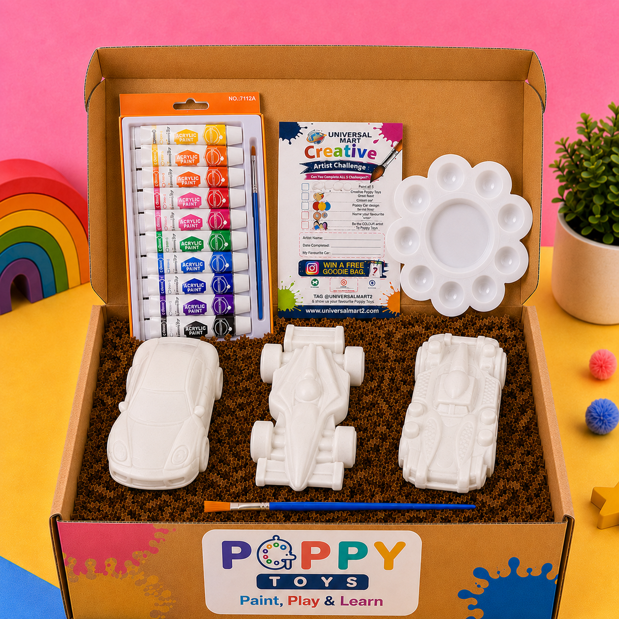 Poppy Toys 3-Piece Car Painting Kit with 12 Acrylic Colors