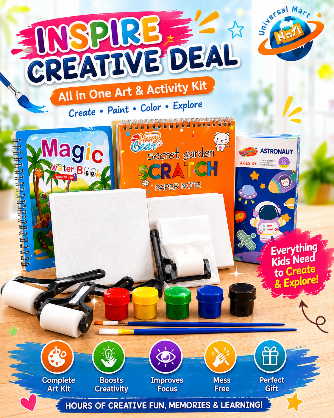 All in one kids creative activity set with art supplies and painting materials