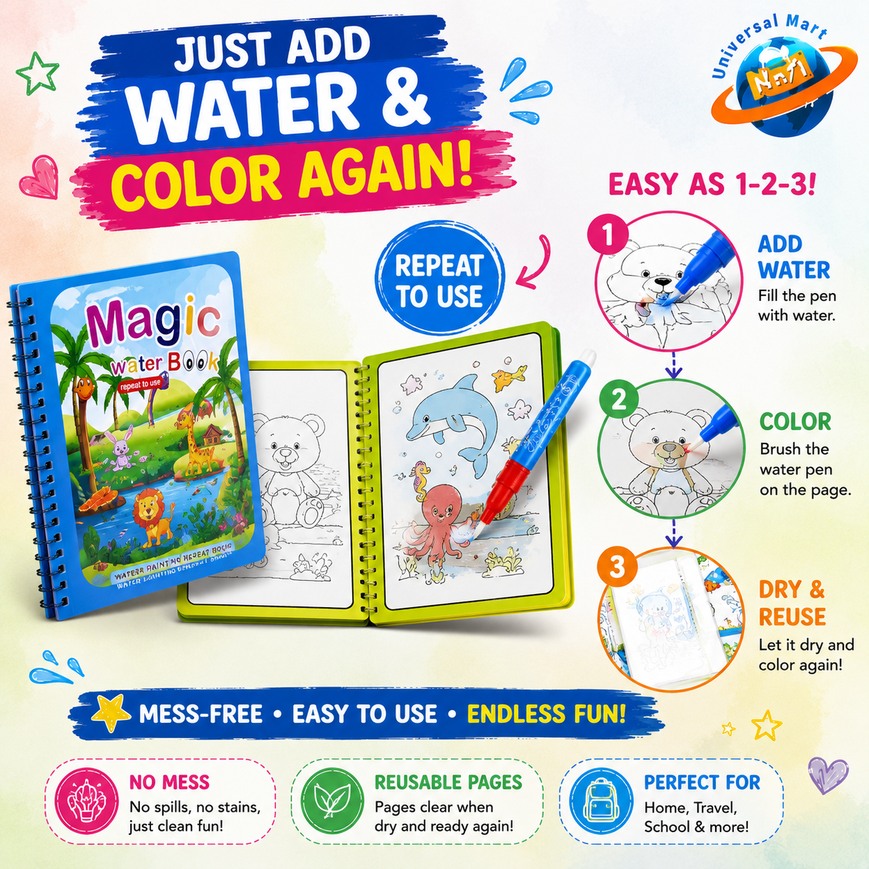 Magic water coloring book and reusable art activity kit for kids