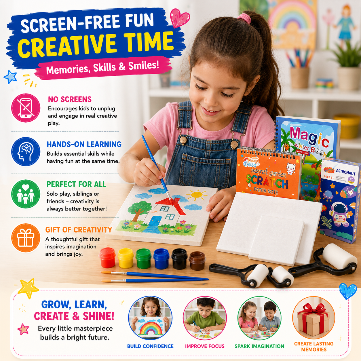 Screen free creative activity kit for kids with coloring and painting fun