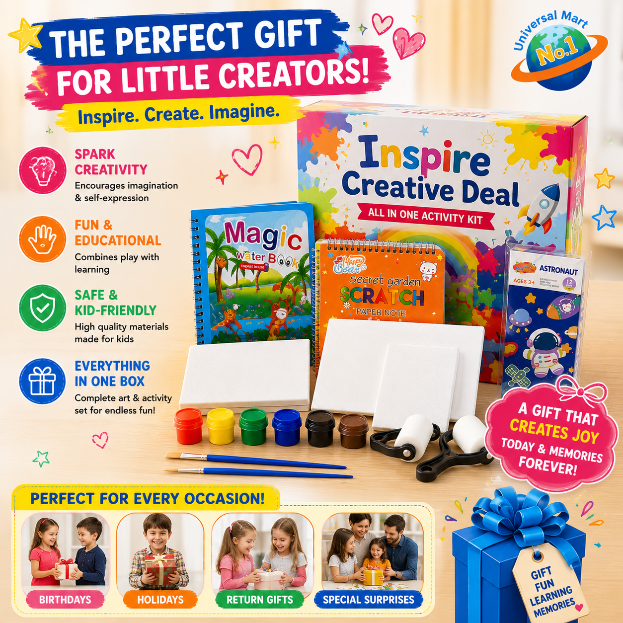 Kids art and craft activity kit gift set with scratch book, paints and coloring supplies