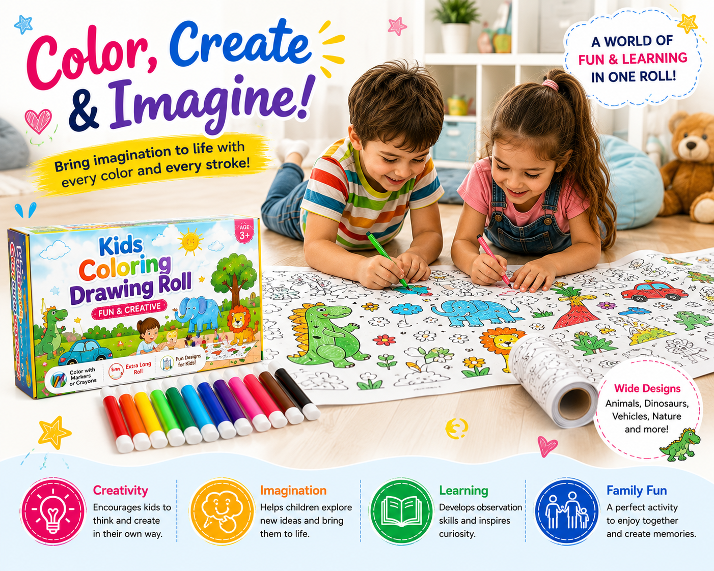 Kids Coloring Drawing Roll with Color Markers | Educational Activity