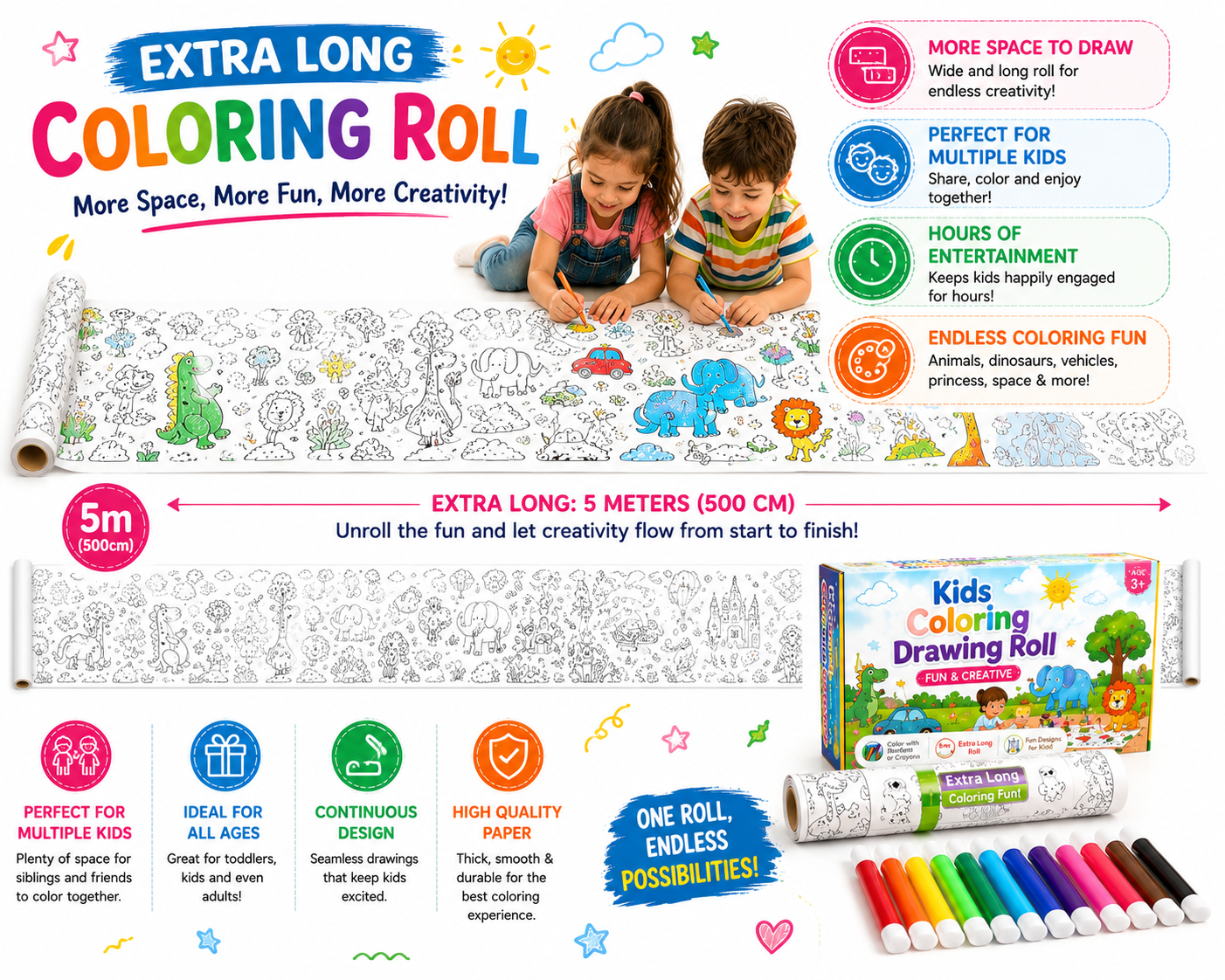 Kids Coloring Drawing Roll with Color Markers | Educational Activity