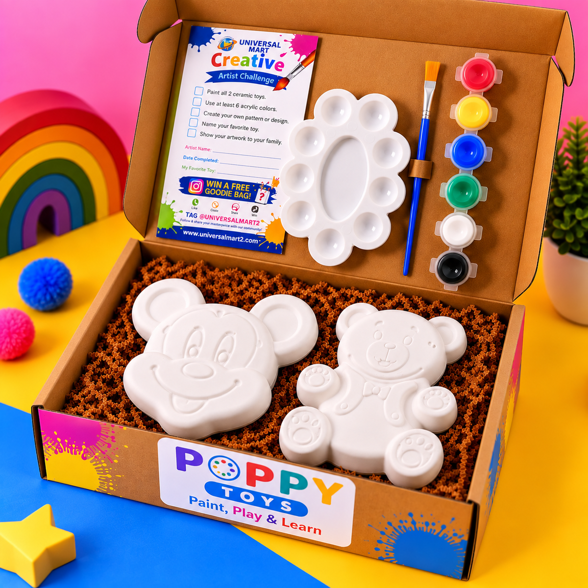 Poppy Toys Bear & Mickey Mouse Ceramic Painting Kit for Kids – DIY Art & Craft Set