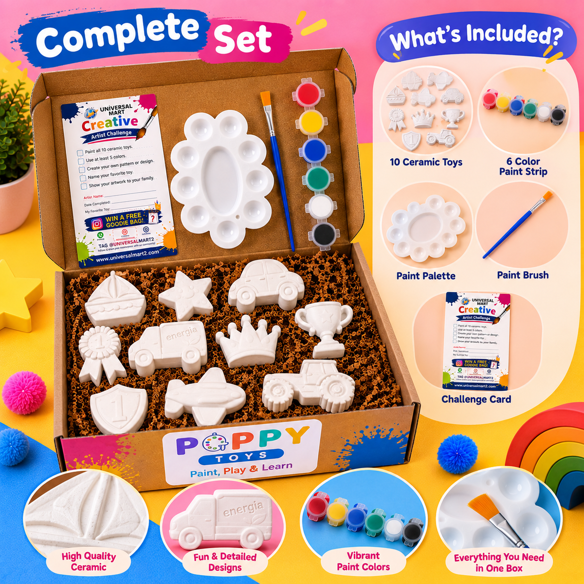 Little Champion Ceramic Painting Kit for Kids – 10 Ceramic Toys & Paint Set