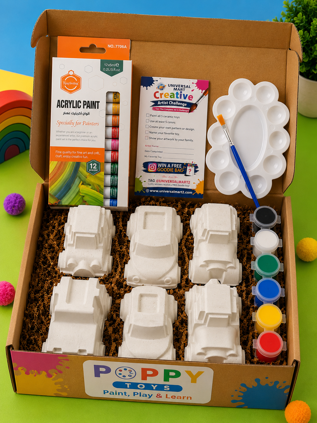 Kids Vehicle Painting Kit – 6 DIY Ceramic Toys with Colors | Poppy Toys