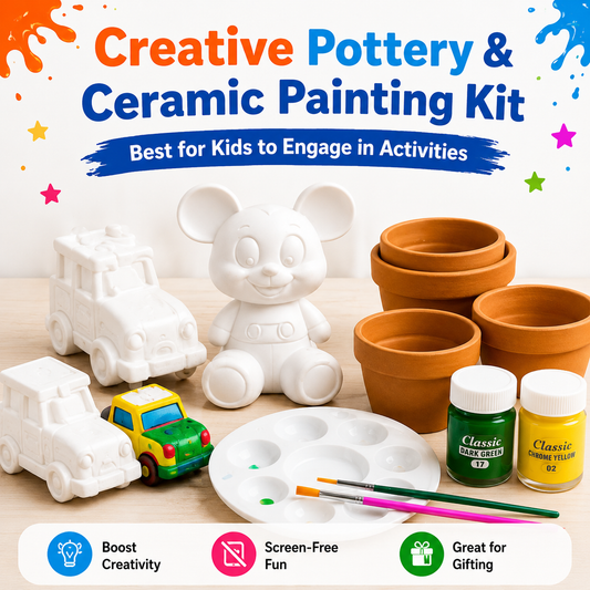 Kids clay pot and ceramic painting kit with paints and brushes