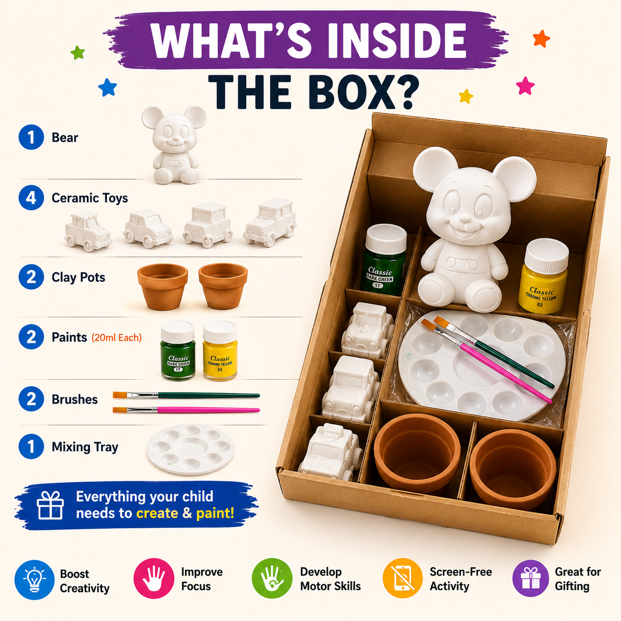 Complete ceramic painting kit for kids with clay pots, paints and brushes