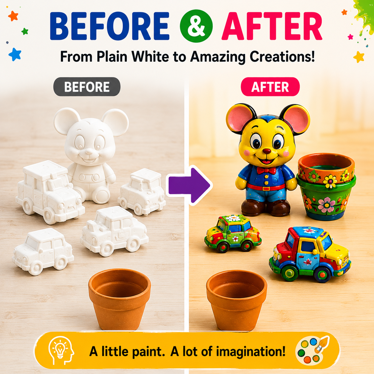 Before and after ceramic toy painting activity for kids
