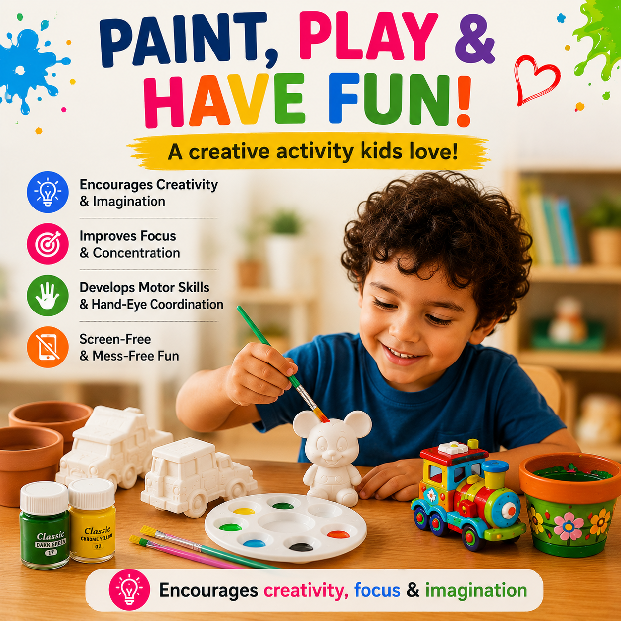 Child enjoying ceramic painting activity kit for creative learning