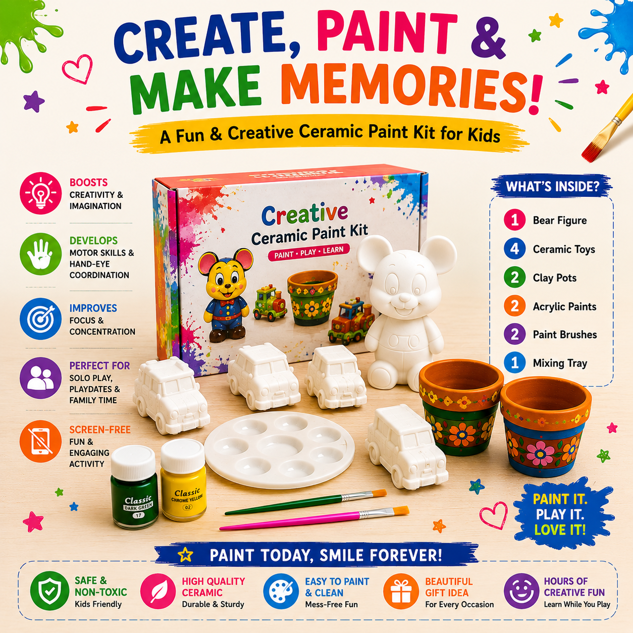 DIY ceramic painting set for kids with clay pots and toy figures