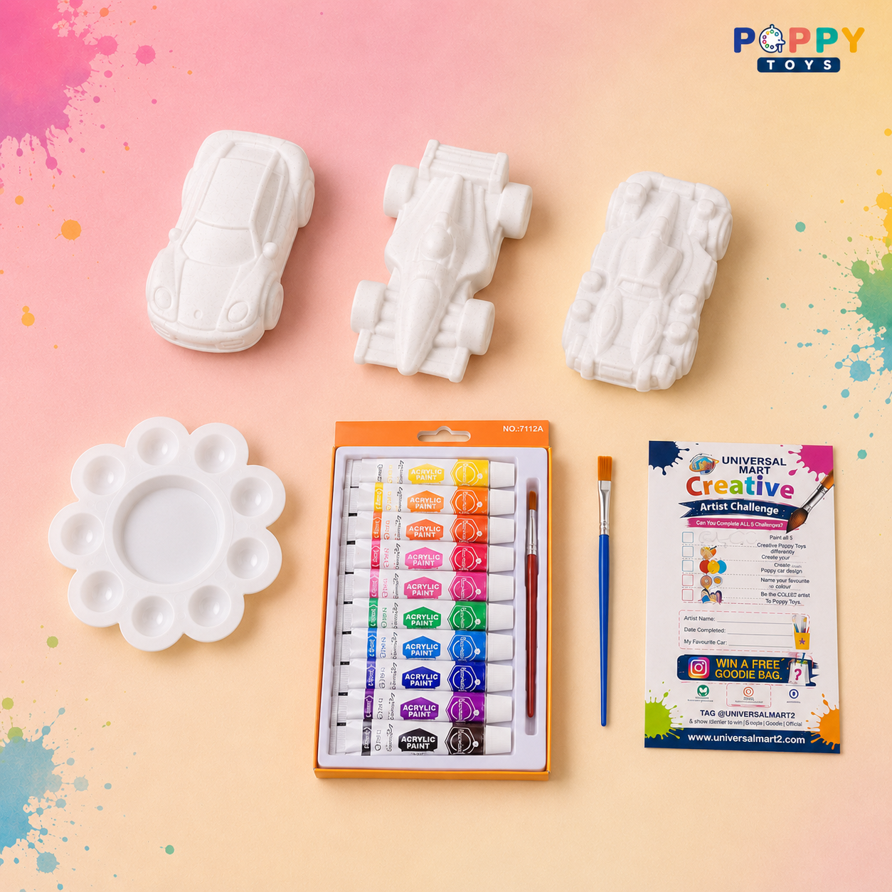 Poppy Toys 3-Piece Car Painting Kit with 12 Acrylic Colors