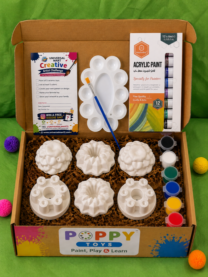 Flower Art Ceramic Painting Kit for Kids – 6 Ceramic Toys & 12 Acrylic Colors
