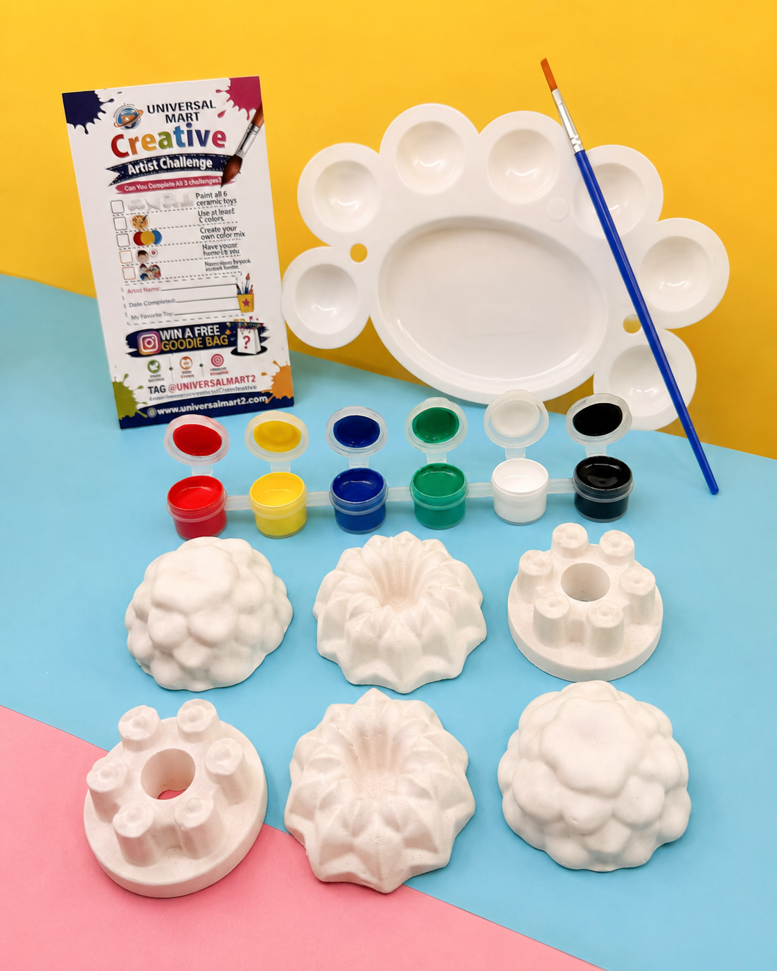 Flower Art Ceramic Painting Kit for Kids – 6 Ceramic Toys & 12 Acrylic Colors