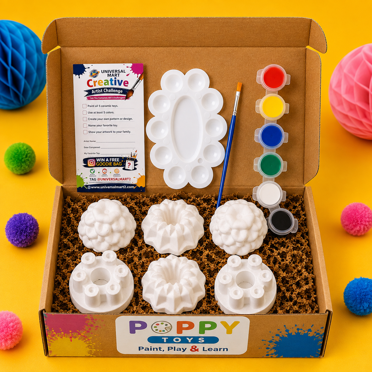 Flower Art Ceramic Painting Kit for Kids – 6 Ceramic Toys & 12 Acrylic Colors