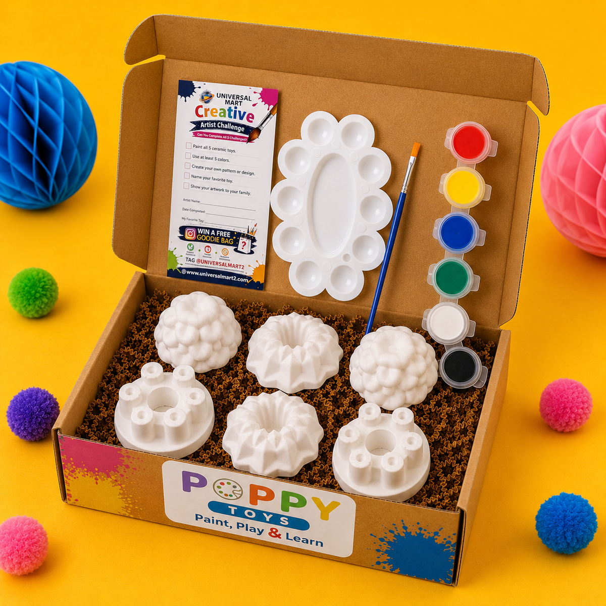 Flower Art Ceramic Painting Kit for Kids – 6 Ceramic Toys & 12 Acrylic Colors