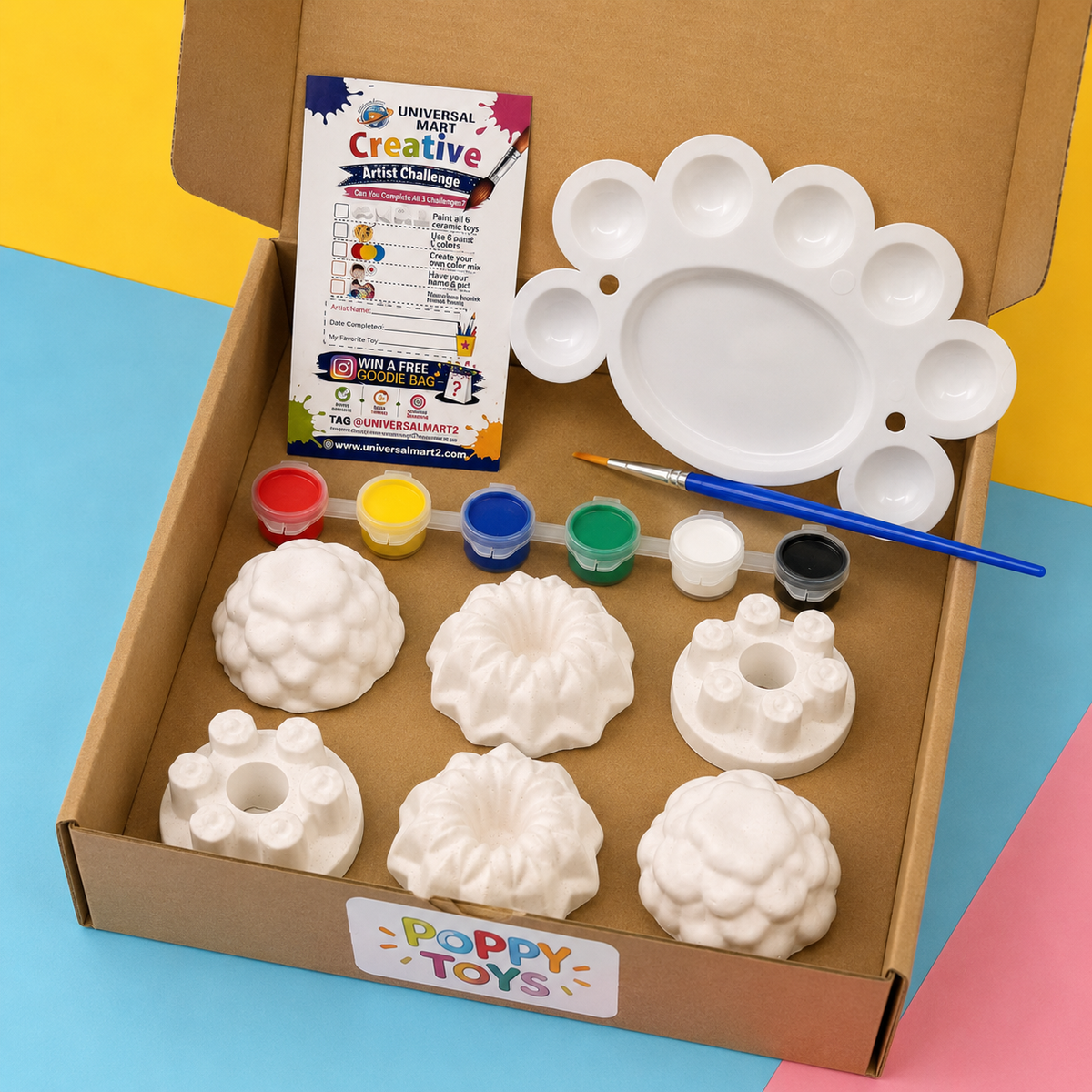 Flower Art Ceramic Painting Kit for Kids – 6 Ceramic Toys & 12 Acrylic Colors